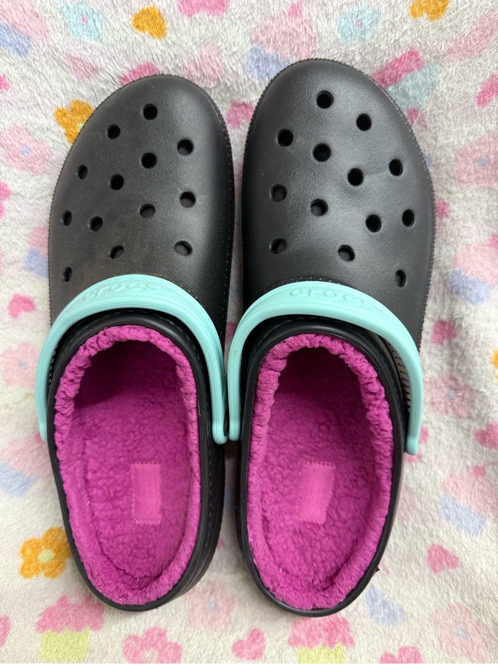CROCS Black Clogs with Aqua Strap and Magenta Fleece Liner